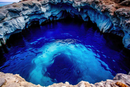 Deep Blue Natural Pool with Turquoise Center Surrounded by Rugged Rock Formationsの素材