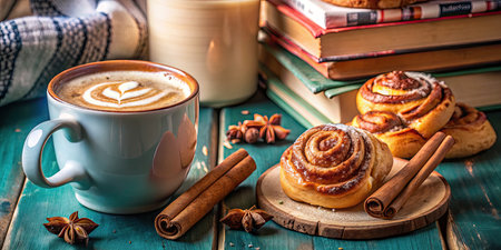 Coffee with cinnamon buns and book on wooden background.の素材