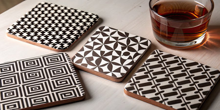 Cup of tea and book with geometric pattern on wooden table.の素材