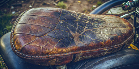Close-up of a vintage motorcycle's leather saddle. Retro style.の素材