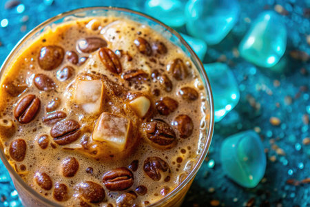 Iced coffee with ice cubes on blue background, top view.の素材