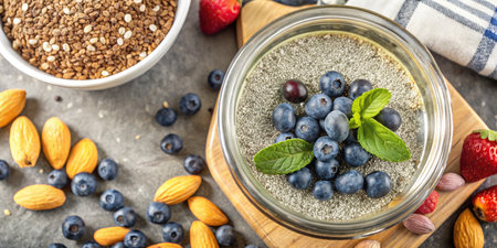 Chia seed pudding with blueberries, raspberries and almonds in a glass bowlの素材