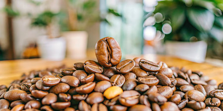 Coffee beans on wooden table in coffee shopの素材