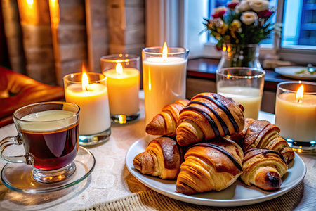 Coffee, croissants and candles in the interior of a country houseの素材