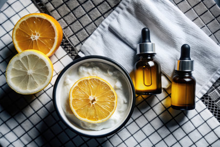 organic cosmetics with lemon on the table, top view, flat layの素材