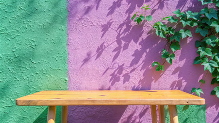 Wooden table and wall with ivy leaves, natural background.の素材