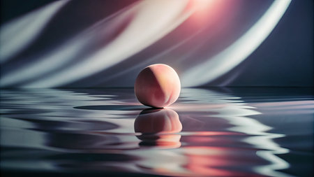 Peach fruit with reflection on water surface. Copy space.の素材