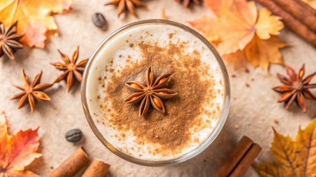 Eggnog with cinnamon and anise on rustic backgroundの素材