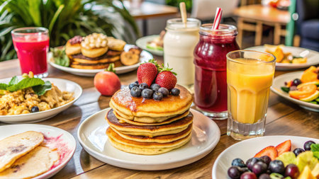 Breakfast with pancakes, berries, juice and fruits on wooden tableの素材