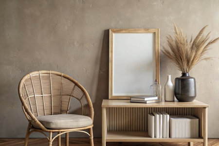 Interior of living room with wicker armchair, books and vaseの素材