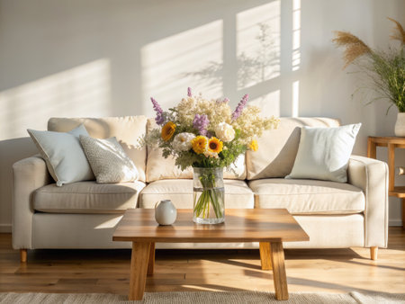 Interior of modern living room with sofa and bouquet of flowersの素材