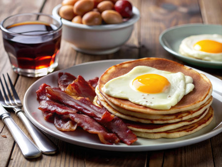 Pancakes with bacon, eggs and black coffee on wooden tableの素材