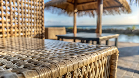 Empty wicker table and chair on the beach. Selective focus.の素材