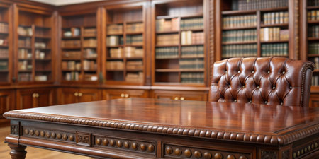 Old library with bookshelves and leather sofa, shallow depth of fieldの素材