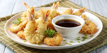 Fried prawns with soy sauce on a blue wooden tableの素材