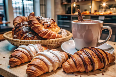 Breakfast with coffee and croissants in a basket on tableの素材