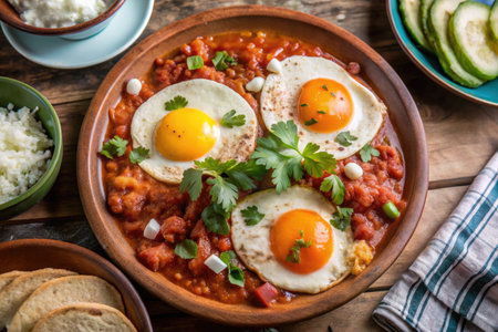 Traditional Huevos Rancheros with Eggs, Tomato Sauce, Rice, Bread and Fresh Garnishesの素材
