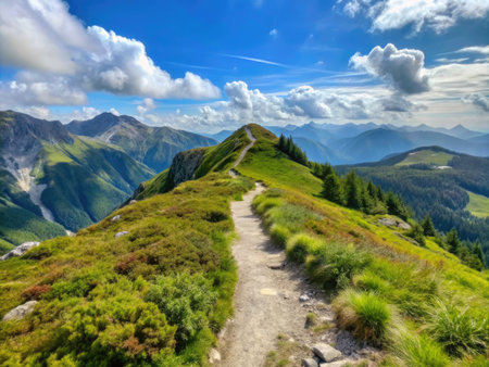 Mountain Ridge Hiking Trail with Lush Green Vegetation and Scenic Peaks Under Blue Skyの素材