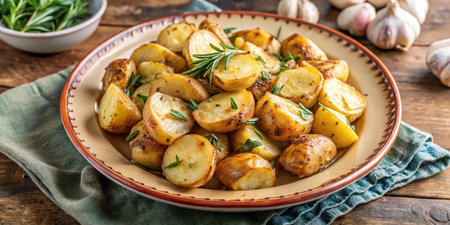 Fried potatoes with rosemary and garlic on rustic wooden backgroundの素材