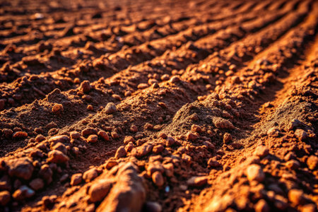 Agricultural field in the evening light. The texture of the soil.の素材