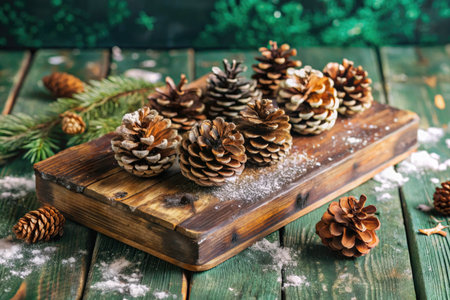 Pine cones with snow on a wooden background. Christmas decoration.の素材