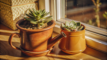 Cactus and succulent plants in pots on a window sill.の素材