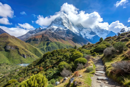 Scenic Mountain Landscape with Snowy Peak, Cloudy Sky and Stone Path Through Green Hillsの素材