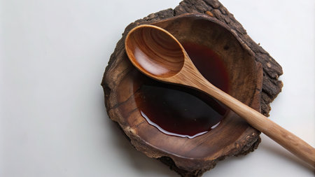 Wooden spoon and soy sauce in a bowl on white background.の素材