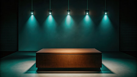 Wooden coffin in dark room with spotlights.の素材