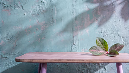 Wooden table with green leaves in front of textured wall.の素材