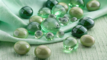 Transparent glass beads on a green fabric background, close-upの素材