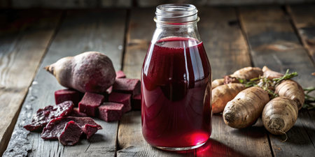 Fresh beetroot juice in a glass bottle and fresh beetroots on wooden backgroundの素材