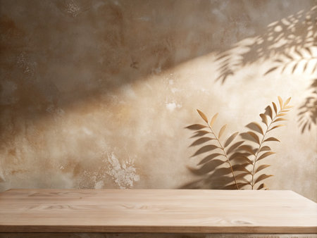 Empty wooden table and brown wall background. Mock upの素材