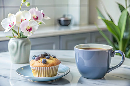 Cupcake with blueberries and cup of coffee on the tableの素材
