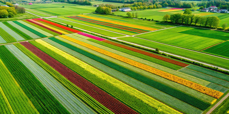 Aerial view of colorful fields of tulipsの素材