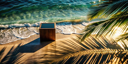 Wooden table on the beach with palm tree and sea waves.の素材