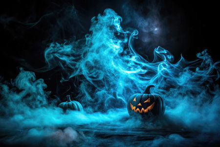 Halloween pumpkins with smoke on dark background. Halloween concept.の素材