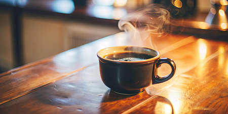 Coffee cup on wooden table in coffee shopの素材