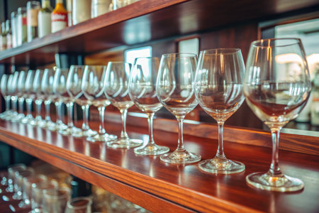 Wine glasses on a shelf in a restaurant. Wine tasting conceptの素材
