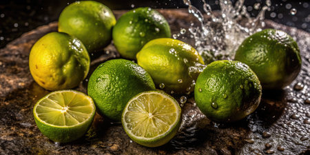 Fresh limes with splashes of water on a dark background.の素材