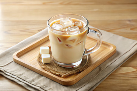 Cup of coffee with ice cubes on wooden table, closeupの素材