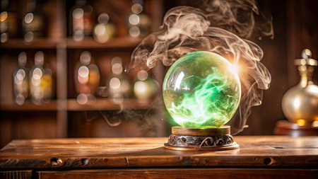 Magic crystal ball on a wooden table. Magic and witchcraft concept.の素材