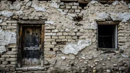 Old stone wall with window and door in Montenegro. Selective focusの素材