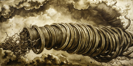 Surreal metallic vortex resembling tornado in stormy sepia sky, abstract industrial fantasy artwork with dramatic cloudsの素材