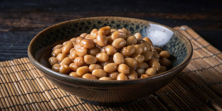 Baked beans in a bowl on a wooden table, selective focusの素材