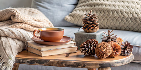 Cozy home interior with cup of hot drink, books, knitted plaid, pine cones on a wooden tableの素材