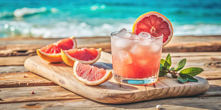 Grapefruit cocktail with ice and mint on wooden board on the beachの素材