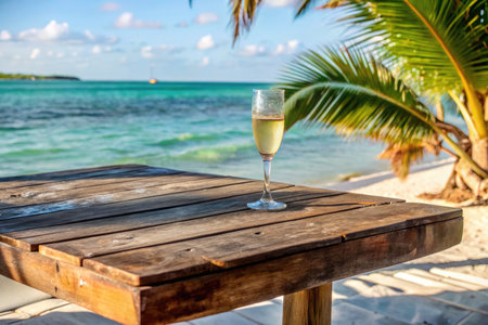 A glass of white wine on a wooden table on a tropical beachの素材