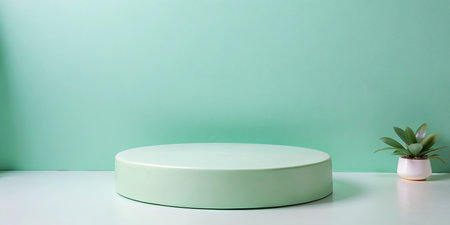 Green round podium for product display on white table and green wall backgroundの素材