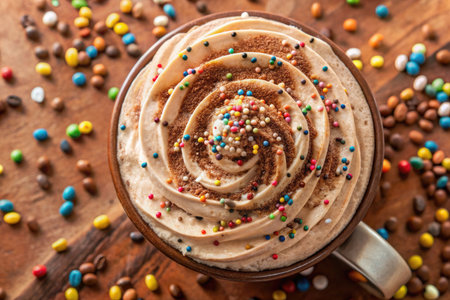 Cup of coffee latte with whipped cream and colorful candiesの素材